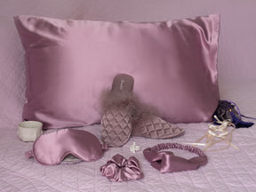 5 In One Satin Sleep Set - Pillow Case/Eye Cover/Slippers/Scrunchies/Hairband